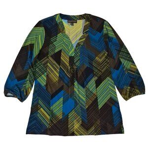 Dana Buchman Tunic Top V-Neck Pleated 3/4 Sleeve Womens M Geometric Multicolor